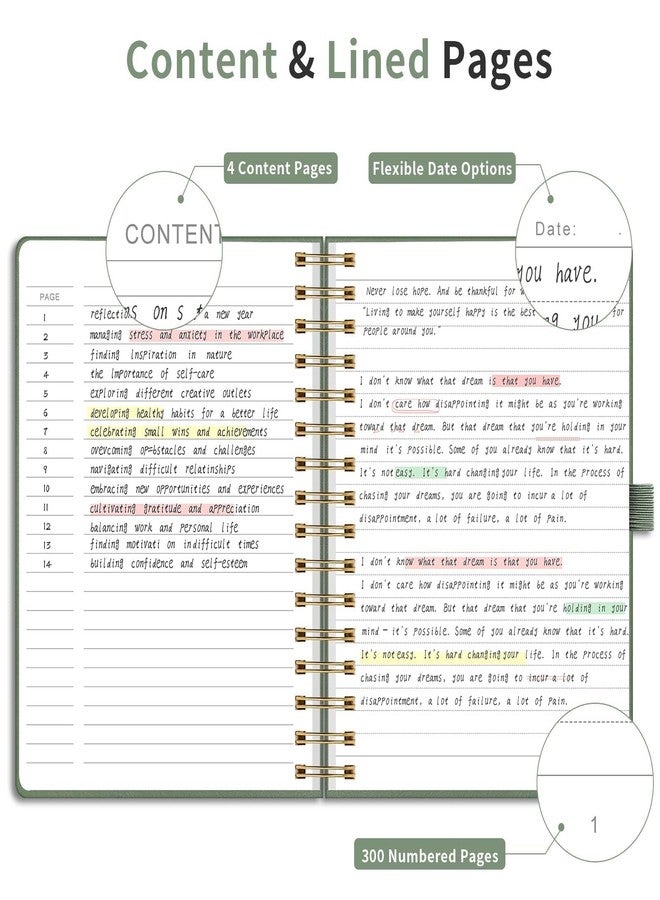 EMSHOI Spiral Notebook College Ruled, Large B5 300 Numbered Pages Leather Hardcover Lined Journal with Ruler, PVC Pocket, Pen Holder & Bookmark, for Work School Writing, 7.48"x10.15", Light Green - Image 3