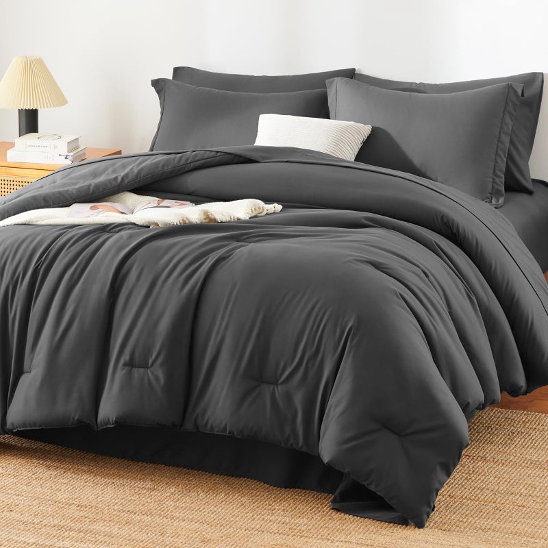 HIMEET King Size Comforter Set - 7 Pieces Bed in a Bag King, Luxury Comforter Set with Sheets for All Season, Bed Set with Comforter, Flat Sheet, Fitted Sheet, Pillowcases & Shams, Dark Grey - Image 1
