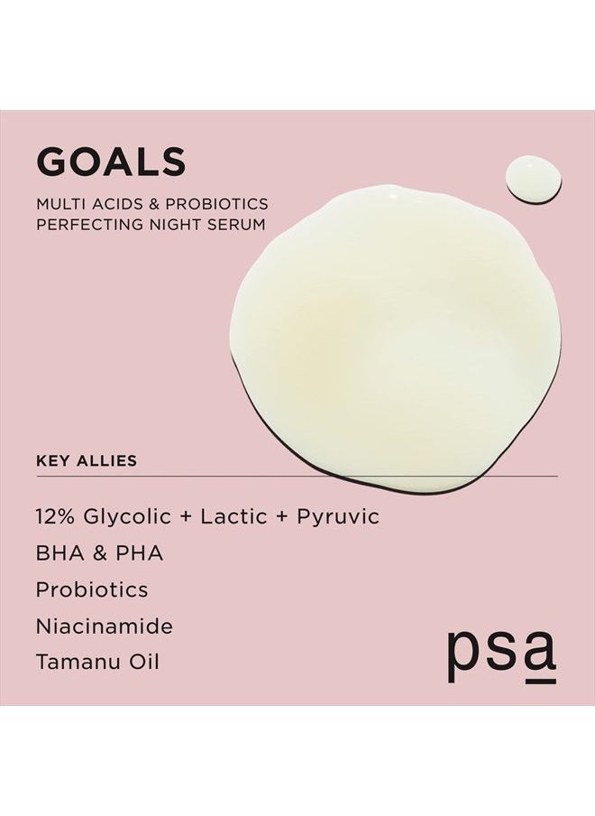 Purposeful Skincare by Allies - PSA GOALS Multi Acids & Probiotics Perfecting Night Serum: Exfoliating Night Serum with Glycolic, Lactic, Pyruvic, BHA & PHA, Niacinamide, Probiotics. 30 ml/1 oz - Image 1
