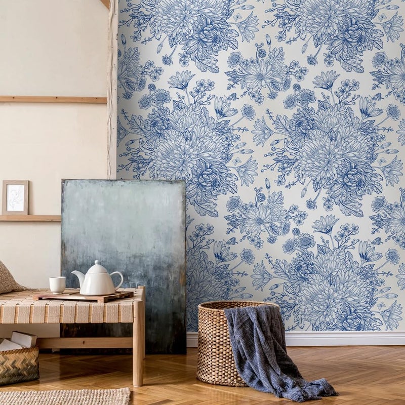 MuralPeel White/Blue Chrysanthemum Flowers Vinatge Floral Bouquet Peel and Stick Wallpaper Self Adhesive Removable Easy Peel Off Stick on Wall Paper for Bedroom Renter - Image 2