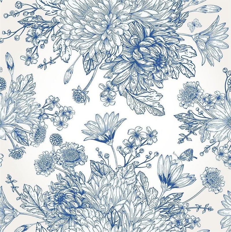 MuralPeel White/Blue Chrysanthemum Flowers Vinatge Floral Bouquet Peel and Stick Wallpaper Self Adhesive Removable Easy Peel Off Stick on Wall Paper for Bedroom Renter - Image 1
