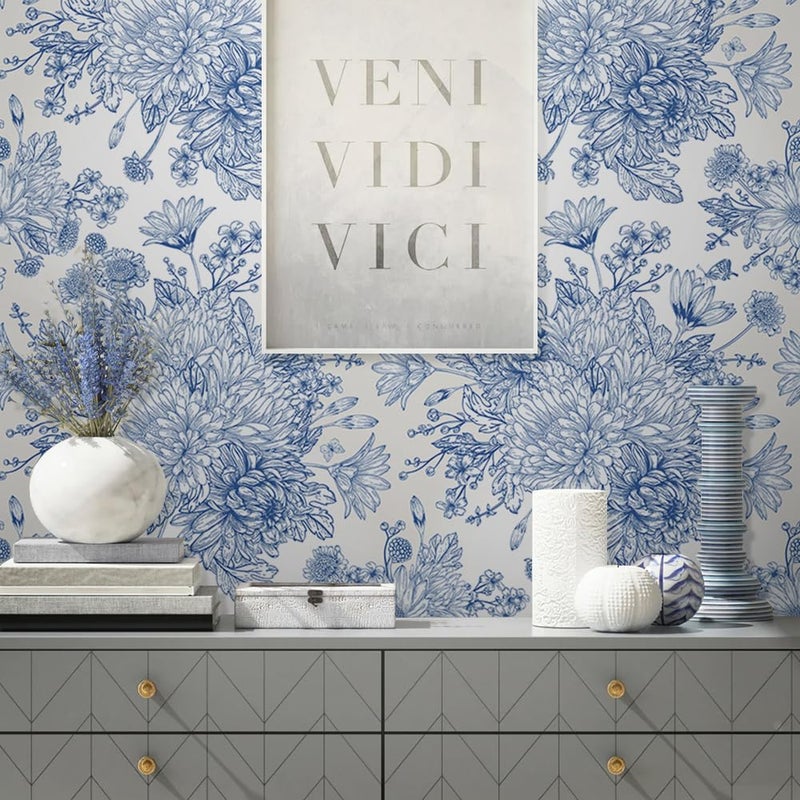 MuralPeel White/Blue Chrysanthemum Flowers Vinatge Floral Bouquet Peel and Stick Wallpaper Self Adhesive Removable Easy Peel Off Stick on Wall Paper for Bedroom Renter - Image 4