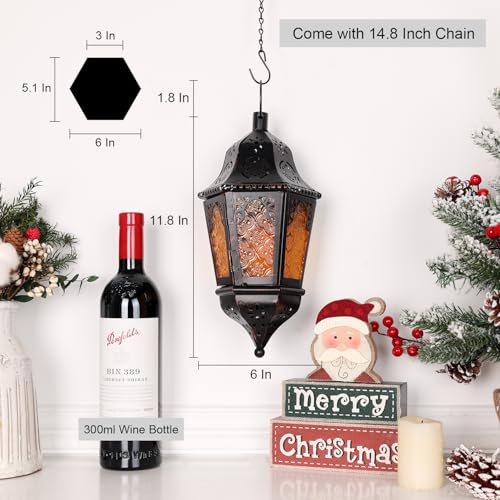 DECORKEY Moroccan Lantern Decorative Indoor & Outdoor, 13.6’’ Vintage Decorative Hanging Lanterns with Chian for Home Porch Patio Decor, Metal Ramadan Christmas Candle Holder Decorations (Amber) - Image 3
