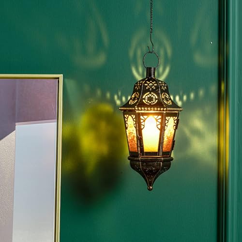 DECORKEY Moroccan Lantern Decorative Indoor & Outdoor, 13.6’’ Vintage Decorative Hanging Lanterns with Chian for Home Porch Patio Decor, Metal Ramadan Christmas Candle Holder Decorations (Amber) - Image 4