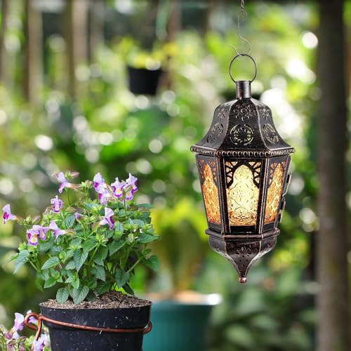 DECORKEY Moroccan Lantern Decorative Indoor & Outdoor, 13.6’’ Vintage Decorative Hanging Lanterns with Chian for Home Porch Patio Decor, Metal Ramadan Christmas Candle Holder Decorations (Amber) - Image 2