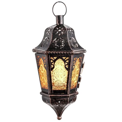 DECORKEY Moroccan Lantern Decorative Indoor & Outdoor, 13.6’’ Vintage Decorative Hanging Lanterns with Chian for Home Porch Patio Decor, Metal Ramadan Christmas Candle Holder Decorations (Amber) - Image 1
