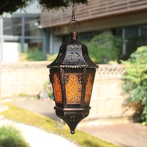DECORKEY Moroccan Lantern Decorative Indoor & Outdoor, 13.6’’ Vintage Decorative Hanging Lanterns with Chian for Home Porch Patio Decor, Metal Ramadan Christmas Candle Holder Decorations (Amber) - Image 5