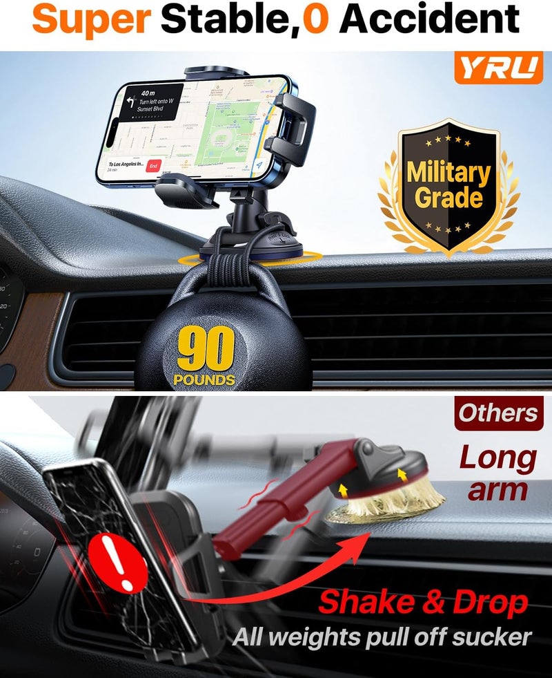 YRU 2026 Upgraded Car Phone Holder Mount - Military-Grade Anti-Shake & 360° Rotatable Suction for iPhone and Samsung - Image 4