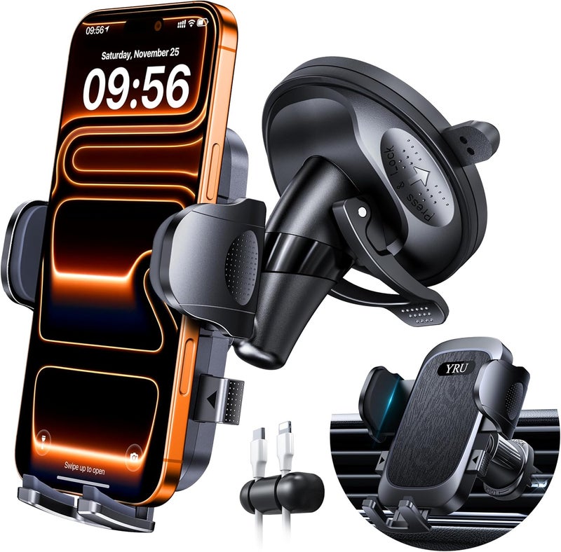 YRU 2026 Upgraded Car Phone Holder Mount - Military-Grade Anti-Shake & 360° Rotatable Suction for iPhone and Samsung - Image 1