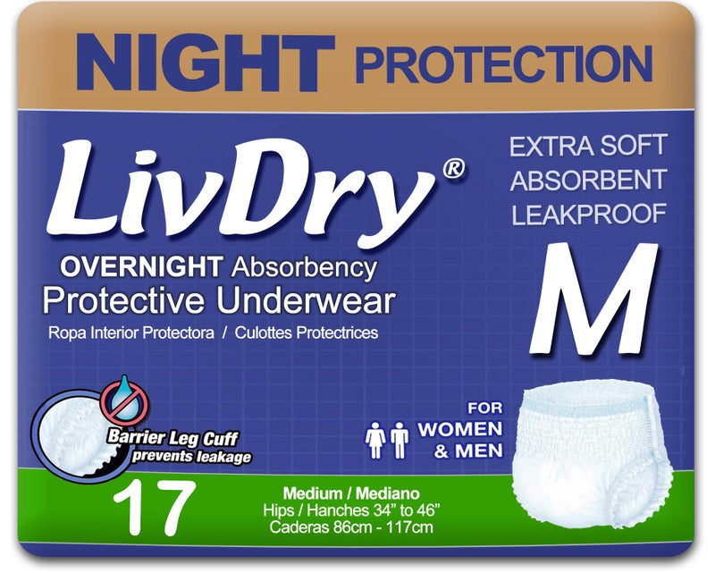 LivDry Adult M Incontinence Underwear Overnight Comfort Absorbency Leak Protection Medium 17Pack