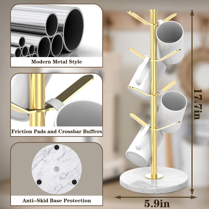 ZYZWTG Marble Mug Holder Tree with 8 Hooks, Stainless Steel Coffee Cup Holder, Non-Slip Silicone Pads, Heavy Duty Marble Base, Countertop Organizer for Kitchen & Cafe, Gold - Image 3