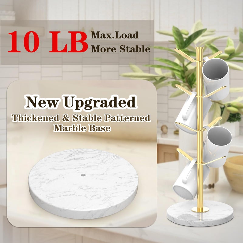 ZYZWTG Marble Mug Holder Tree with 8 Hooks, Stainless Steel Coffee Cup Holder, Non-Slip Silicone Pads, Heavy Duty Marble Base, Countertop Organizer for Kitchen & Cafe, Gold - Image 2