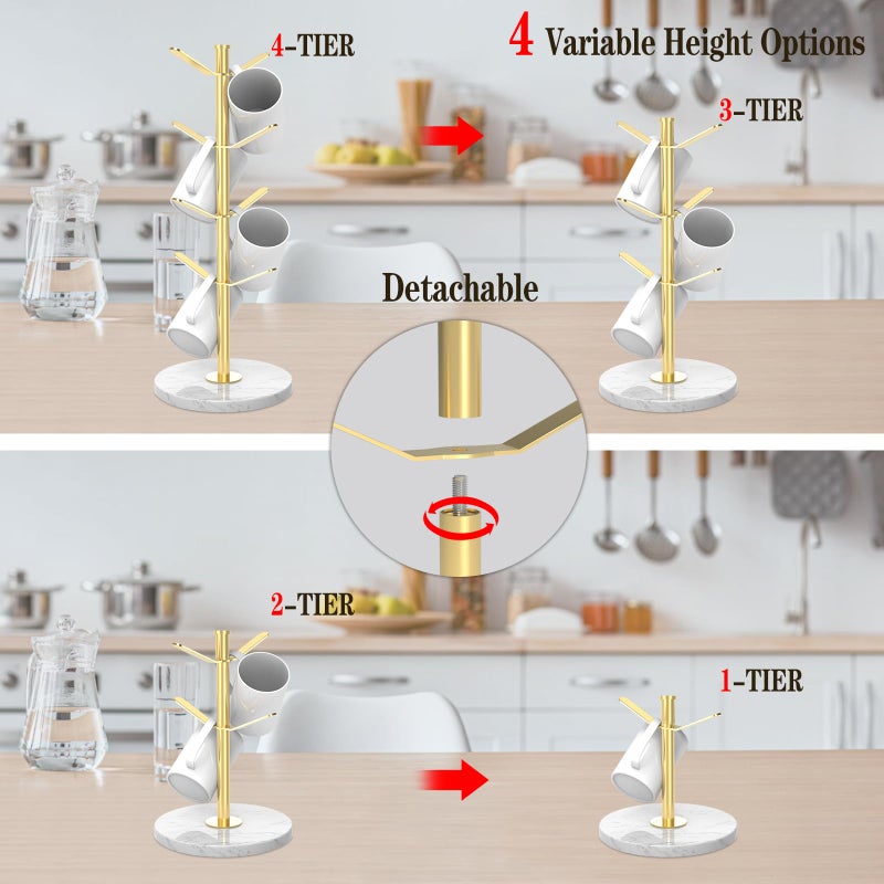 ZYZWTG Marble Mug Holder Tree with 8 Hooks, Stainless Steel Coffee Cup Holder, Non-Slip Silicone Pads, Heavy Duty Marble Base, Countertop Organizer for Kitchen & Cafe, Gold - Image 5