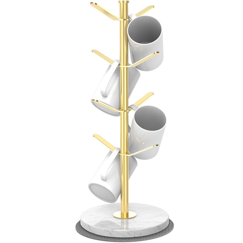 ZYZWTG Marble Mug Holder Tree with 8 Hooks, Stainless Steel Coffee Cup Holder, Non-Slip Silicone Pads, Heavy Duty Marble Base, Countertop Organizer for Kitchen & Cafe, Gold - Image 1