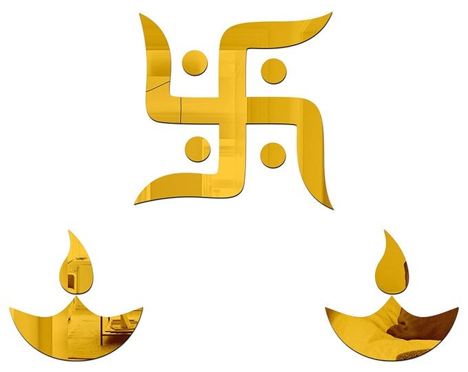 SWASTIK AND 2 DIYA MIRROR STICKERS FOR WALL ACRYLIC MIRROR WALL DECOR STICKER WALL MIRROR STICKERS ACRYLIC STICKERS WALL STICKERS FOR HALL ROOM BED ROOM KITCHEN GOLD