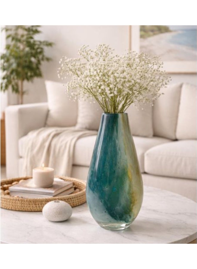 Modern Glass Vase with green and blue striped accents - 29cm - Luxury Decorative Piece for Home and Office.