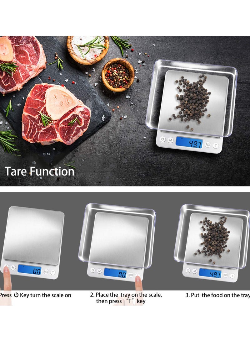 BEILINGDUN Accurate Electric Kitchen Scale,Mini Electronic Scale,Mini Digital Scale,Food Weighing Scale,Grams Scale Ounce Scale 3kg/0.1g Two Tray(Silver) 12.7 x 10.4 x 1.1cm  - Image 5