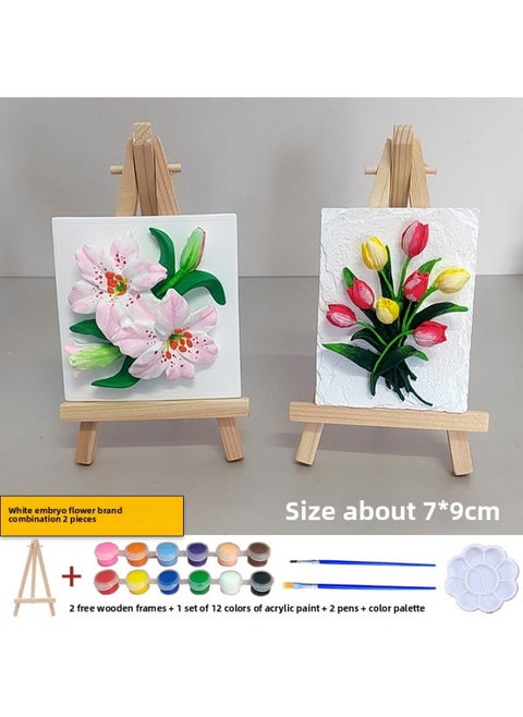 Lily Plaster Doll Painted White Embryo Diy Handmade Graffiti Tulip Three-dimensional Relief Painting Activity Group Building-Color:2 Flower Sign Combinations (lily + Square Tulips) + 2 Wooden Frames + 1 Set Of 12 Colors Of Paint