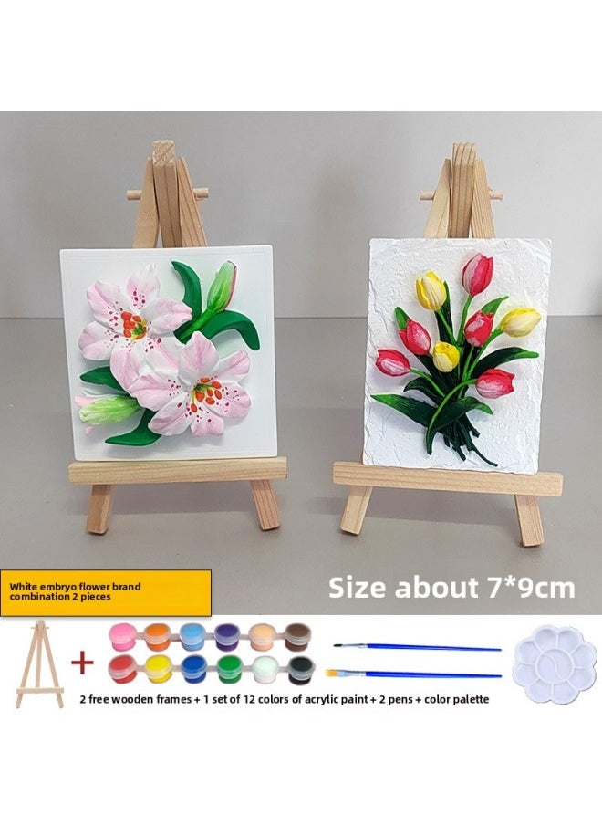 null - Lily Plaster Doll Painted White Embryo Diy Handmade Graffiti Tulip Three-dimensional Relief Painting Activity Group Building-Color:2 Flower Sign Combinations (lily + Square Tulips) + 2 Wooden Frames + 1 Set Of 12 Colors Of Paint - Image 1