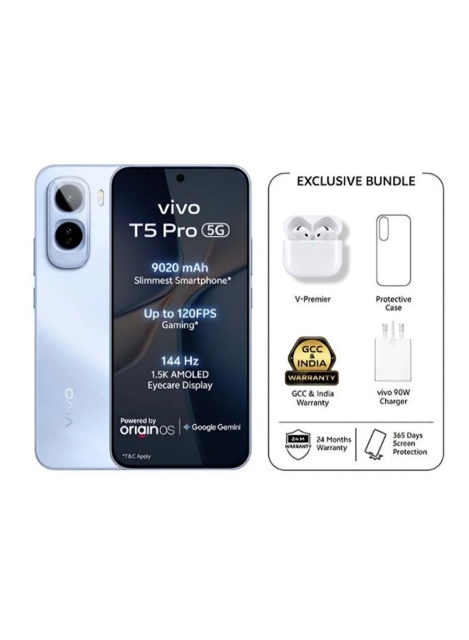 vivo T5 Pro 5G AI Dual SIM Blue 8GB 256GB With Exclusive Gifts: TWS Pro, 90W charger, Protective Cover And 24 Months Warranty + 1 Year Screen Replacement - Middle East Version - Image 1