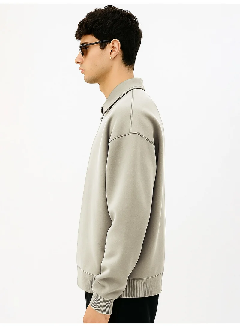 مانياك سويت شيرت رجالي بولو سادة قطن فليس بأكمام كاملة لون بسكويت