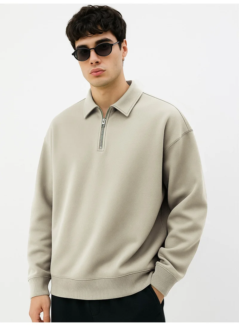 مانياك سويت شيرت رجالي بولو سادة قطن فليس بأكمام كاملة لون بسكويت