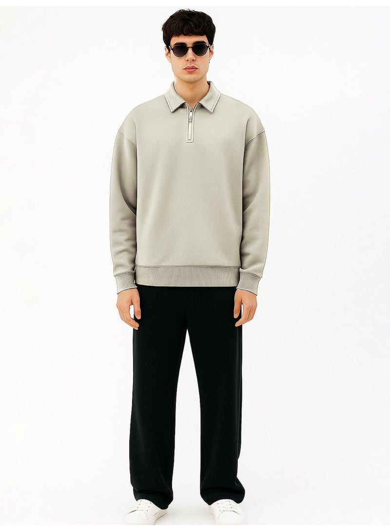 Maniac Mens Plain Polo Neck Full Sleeve Biscuit Cotton Fleece Sweatshirt - Image 1