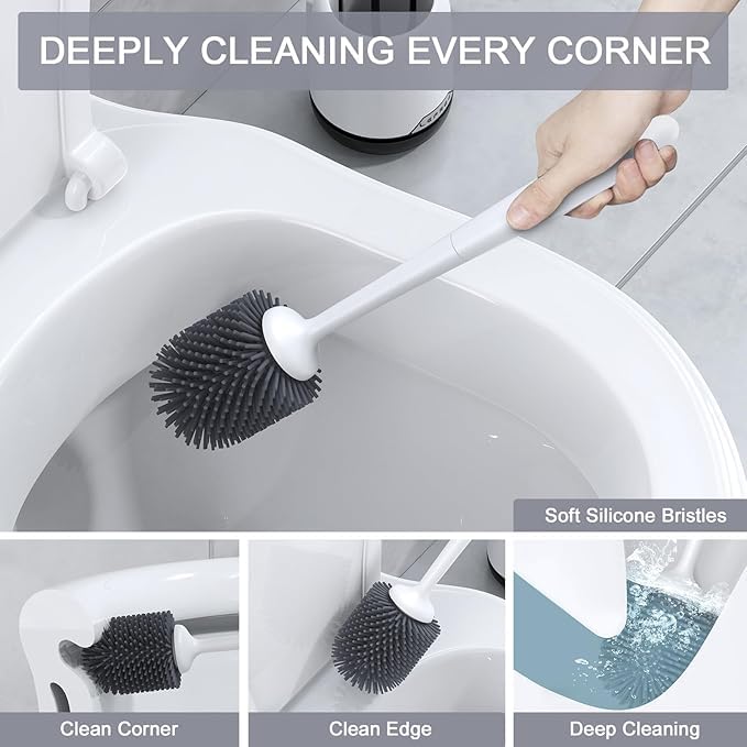Toilet Brush and Holder Bathroom Toilet Bowl Cleaner Brush SetNonSlip Handle with TPR Soft BristleWall MountedFloor StandingWhiteBlack  - Image 3