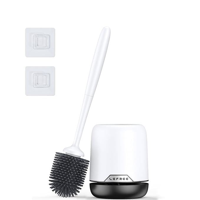 Toilet Brush and Holder Bathroom Toilet Bowl Cleaner Brush SetNonSlip Handle with TPR Soft BristleWall MountedFloor StandingWhiteBlack  - Image 1