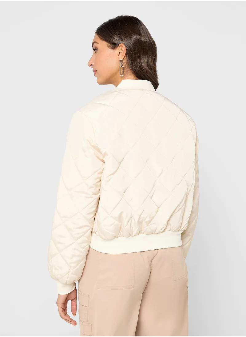 جينجر Diamond Pattern Quilted Zip Up Bomber Jacket