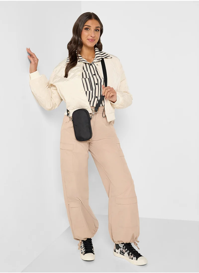 Ginger Diamond Pattern Quilted Zip Up Bomber Jacket