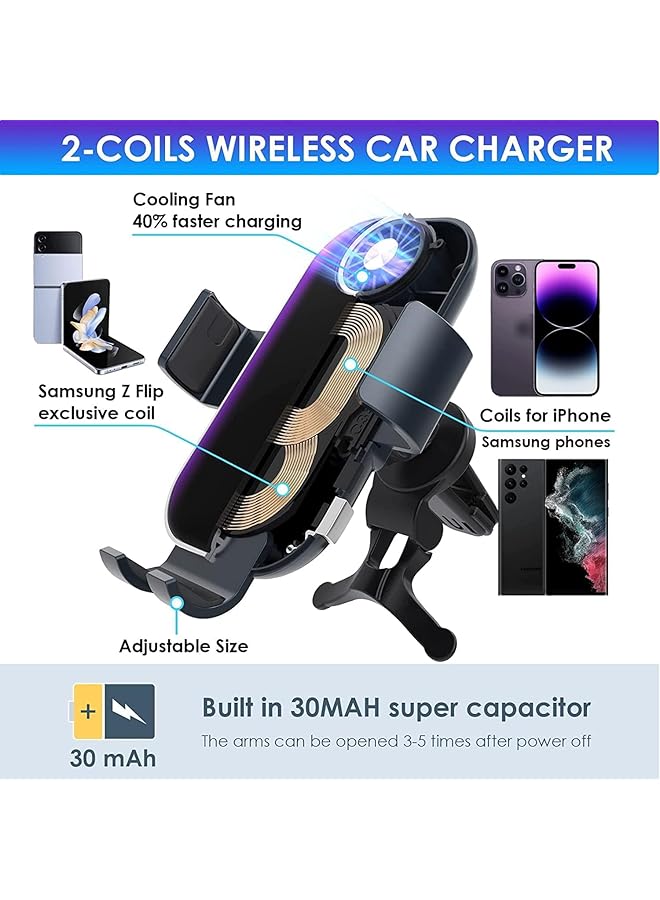 Excefore Wireless Car Charger For Samsung Galaxy Z Flip 5, [Dual Coils] Fast Charging Phone Car Mount For Air Vent Dashboard For Samsung Galaxy Z Flip 4/3/2, Iphone 14 - Image 5