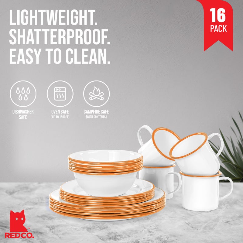 Red Co. 16-Piece Enamelware Metal Dinnerware Set for 4, Solid White/Orange Rim - Image 2