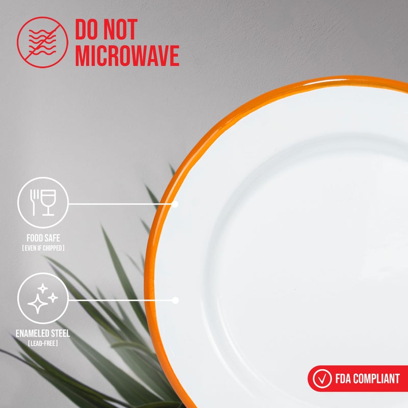 Red Co. 16-Piece Enamelware Metal Dinnerware Set for 4, Solid White/Orange Rim - Image 4