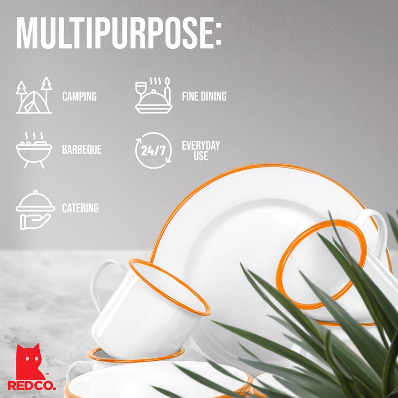 Red Co. 16-Piece Enamelware Metal Dinnerware Set for 4, Solid White/Orange Rim - Image 5