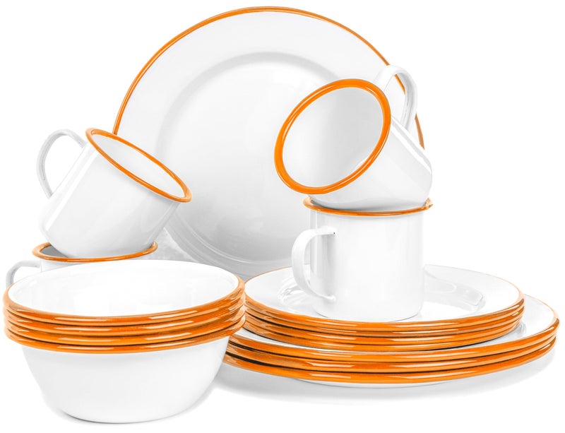 Red Co. 16-Piece Enamelware Metal Dinnerware Set for 4, Solid White/Orange Rim - Image 1