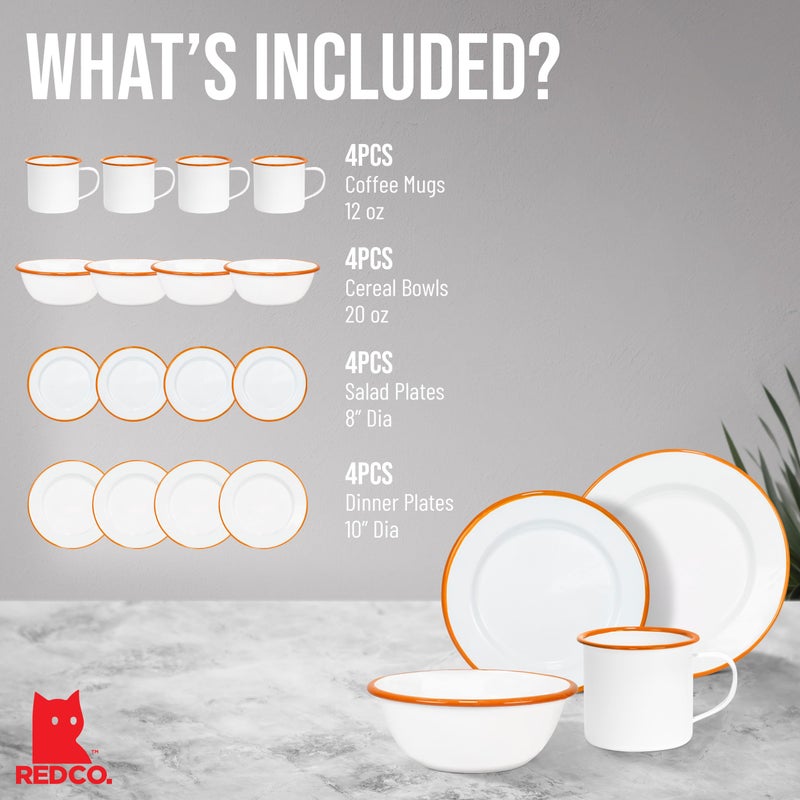 Red Co. 16-Piece Enamelware Metal Dinnerware Set for 4, Solid White/Orange Rim - Image 3
