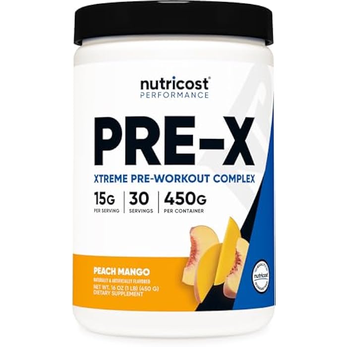 Nutricost Pre-X Xtreme Pre-Workout Complex Powder, Peach Mango, 30 Servings, Vegetarian, Non-GMO and Gluten Free - Image 1