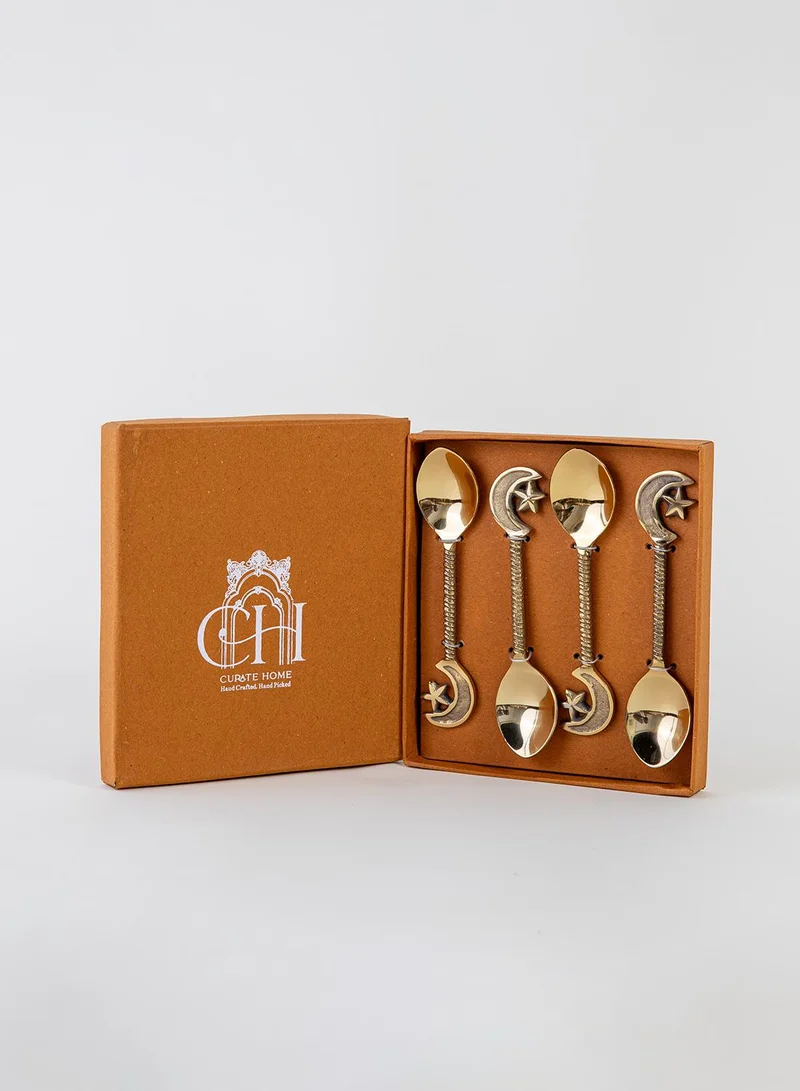 كيوريت هوم ملاعق حلويات بنجوم وأقمار - طقم من 4 قطع/ذهبي