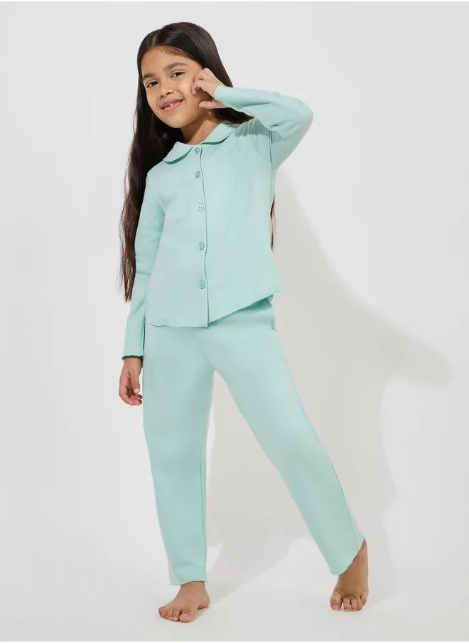 Styli Styli Collared Button Down Shirt and Pyjama Set