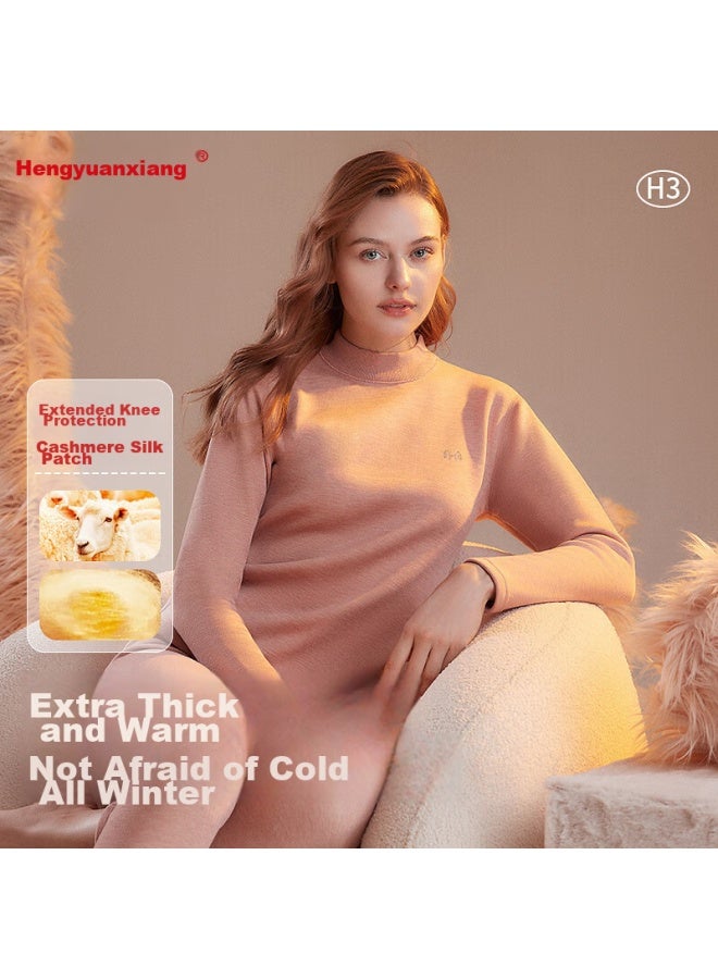 Hengyuanxiang Hengyuanxiang Winter New Arrival Women's Thickened And Fleece-lined Thermal Underwear Set, High-necked, Skin Red  - Image 1