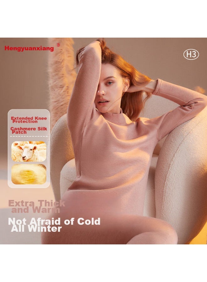 Hengyuanxiang Hengyuanxiang Winter New Arrival Women's Thickened And Fleece-lined Thermal Underwear Set, High-necked, Skin Red  - Image 2