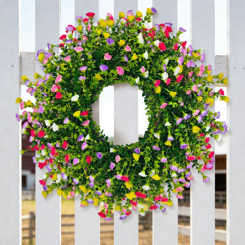 Julako Spring Wreaths for Front Door, 24 Inch Large Farmhouse Colorful Cottage Wreath, Extra-Full 378 Silk Artificial Carnation Floral Wreath, Blossom & Greenery Hanging for Porch, Home Summer Decorations - Image 2