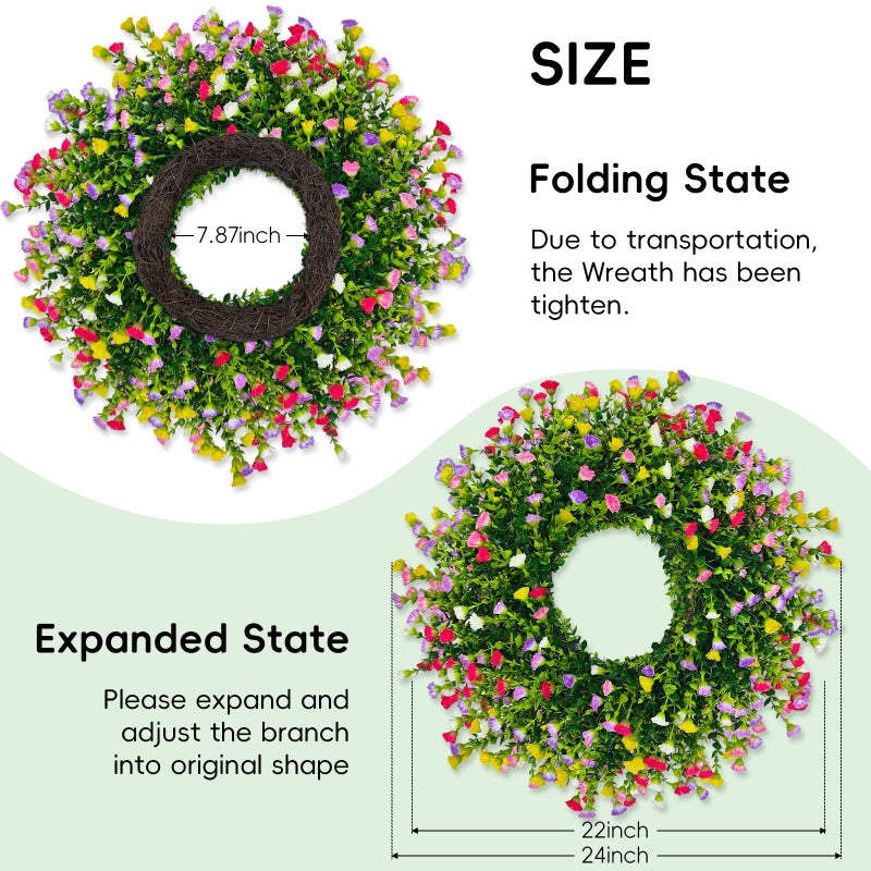 Julako Spring Wreaths for Front Door, 24 Inch Large Farmhouse Colorful Cottage Wreath, Extra-Full 378 Silk Artificial Carnation Floral Wreath, Blossom & Greenery Hanging for Porch, Home Summer Decorations - Image 3
