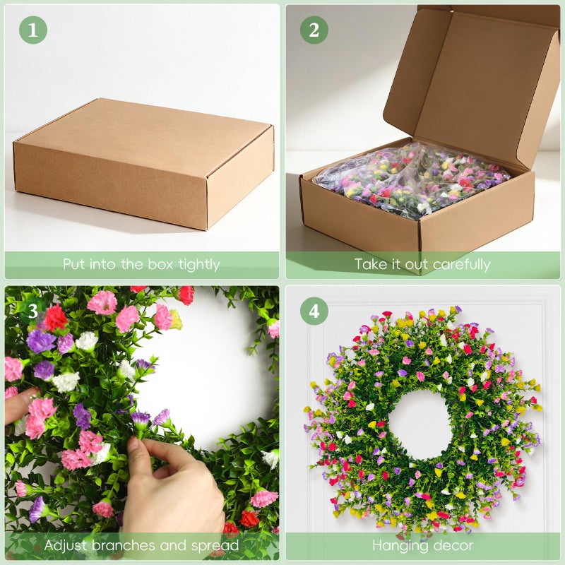 Julako Spring Wreaths for Front Door, 24 Inch Large Farmhouse Colorful Cottage Wreath, Extra-Full 378 Silk Artificial Carnation Floral Wreath, Blossom & Greenery Hanging for Porch, Home Summer Decorations - Image 5
