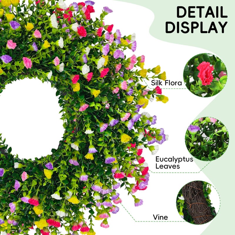 Julako Spring Wreaths for Front Door, 24 Inch Large Farmhouse Colorful Cottage Wreath, Extra-Full 378 Silk Artificial Carnation Floral Wreath, Blossom & Greenery Hanging for Porch, Home Summer Decorations - Image 4
