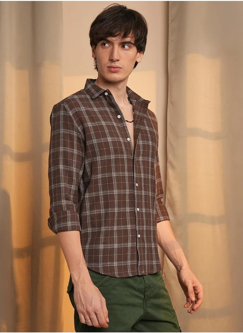 Campus Sutra Men's Chocolate Brown Tartan Plaid Shirt