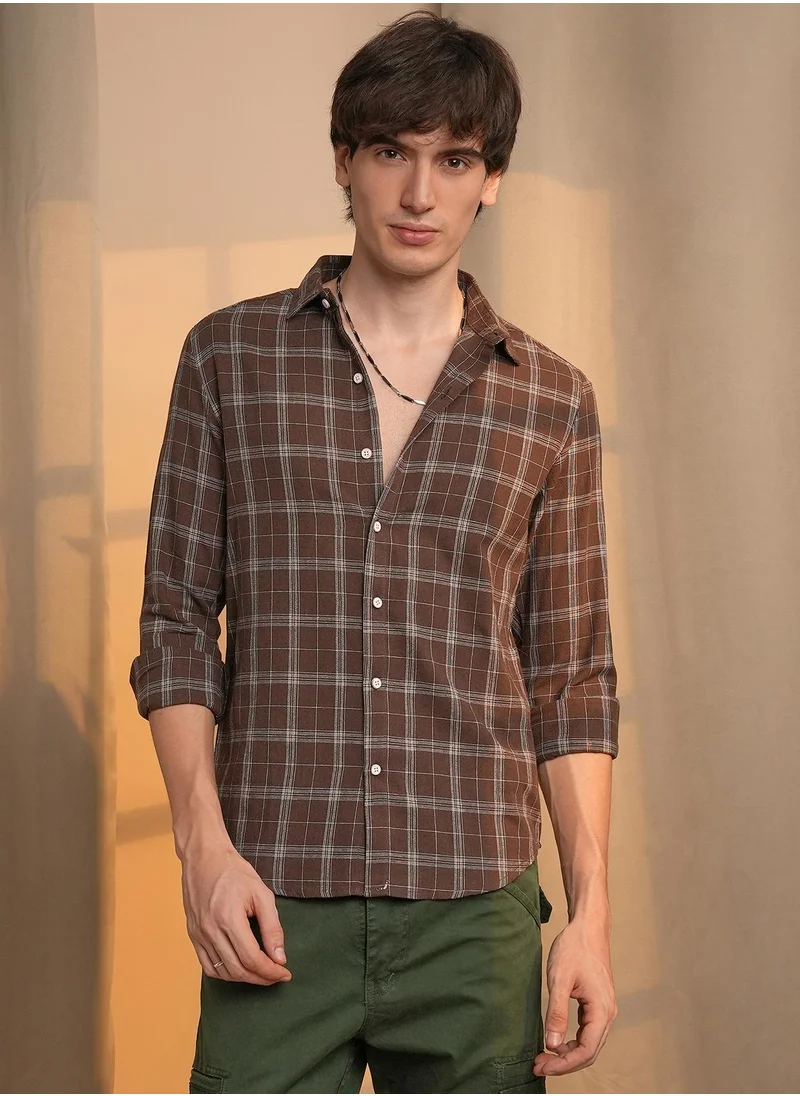 Campus Sutra Men's Chocolate Brown Tartan Plaid Shirt