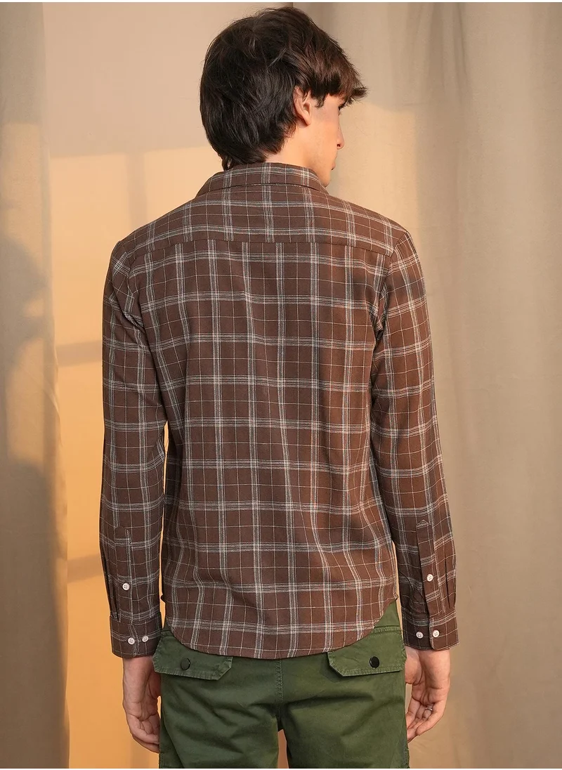 Campus Sutra Men's Chocolate Brown Tartan Plaid Shirt
