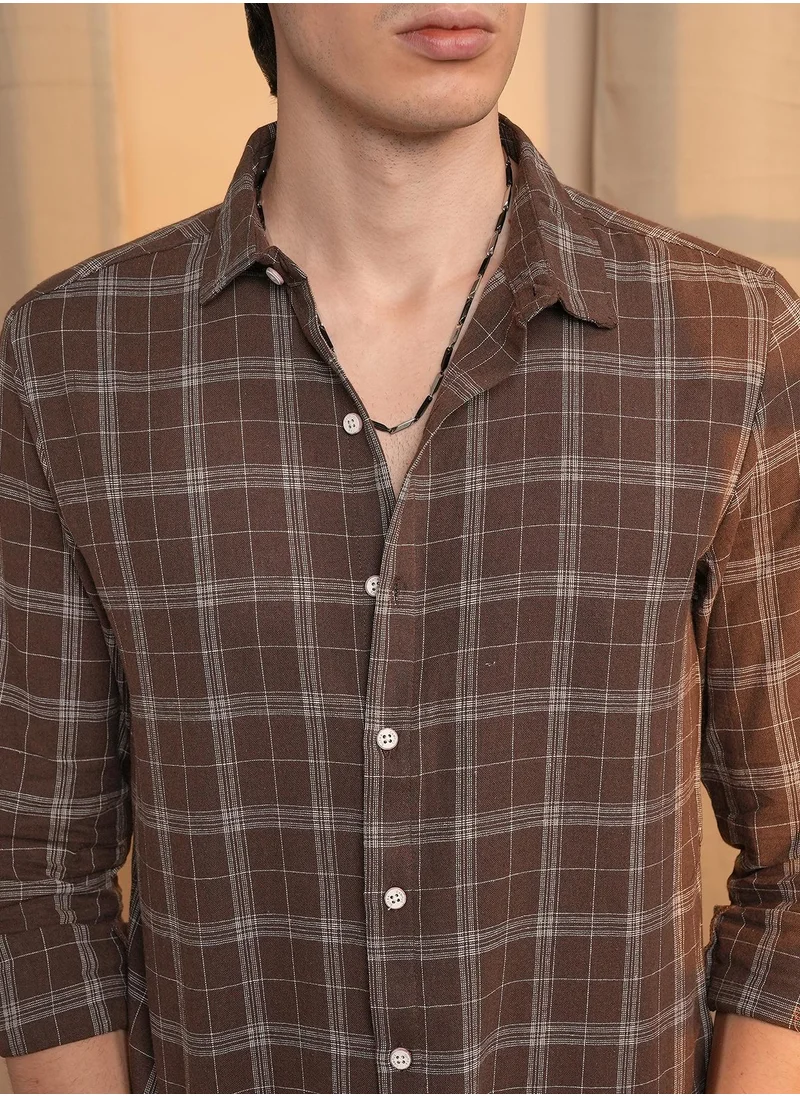 Campus Sutra Men's Chocolate Brown Tartan Plaid Shirt
